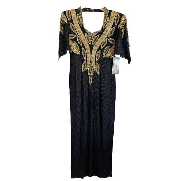 80s Vintage Mark and John Black and gold Fully beaded Beaded Silk Gown Medium - Picture 1 of 9
